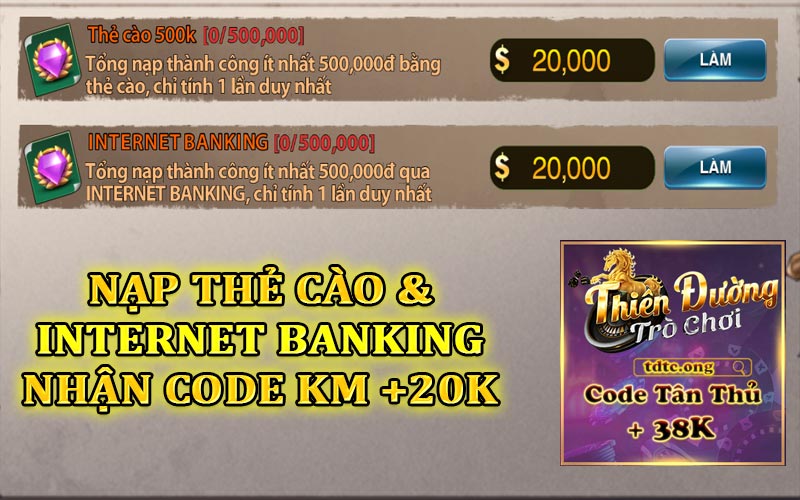 Nạp thể cào và internet banking để nhận code KM +20K